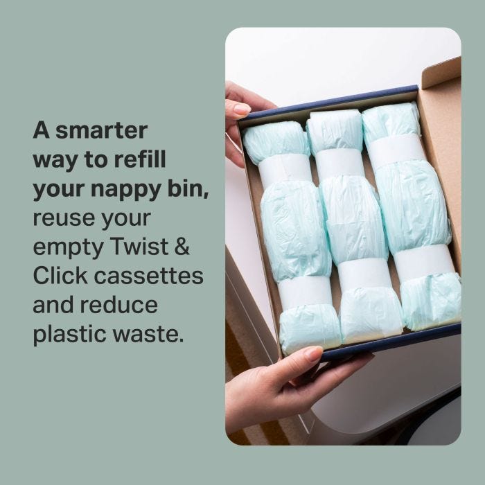 Image of someone holding an open box of Twist & Click refills on a changing table with text overlay of product USP