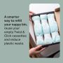 Image of someone holding an open box of Twist & Click refills on a changing table with text overlay of product USP